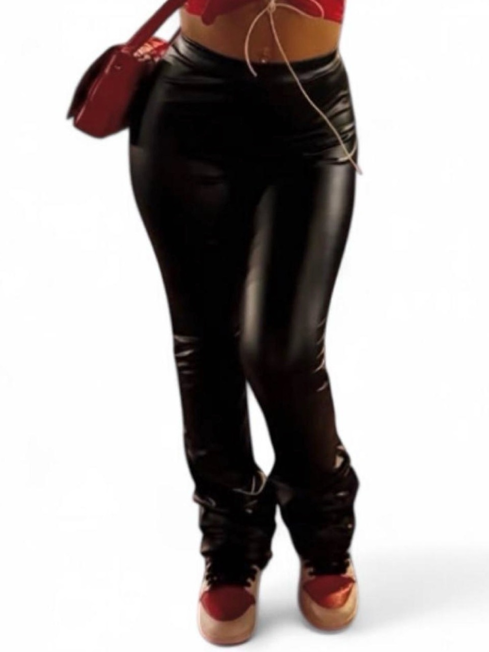 Black Faux Leather High Waisted Stacked Pants